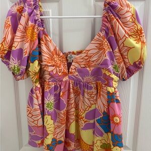 entro Floral Puff-Sleeve Top in Purple, Pink & Yellow